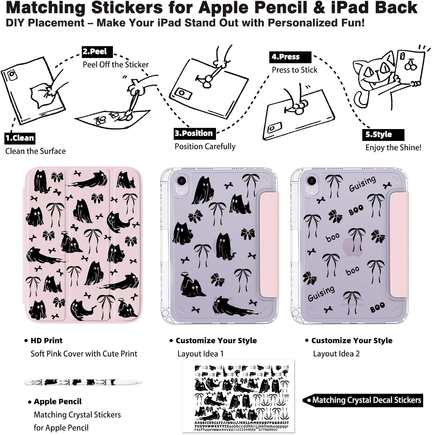 Black Dog iPad mini 6/7 Case 8.3-Inch (2021/2024) Cute Puppy Cover for Kids, Tri-Fold Stand, Auto Sleep/Wake,Black Bow Aesthetic Girly Protective Accessories,Cartoon Ghost