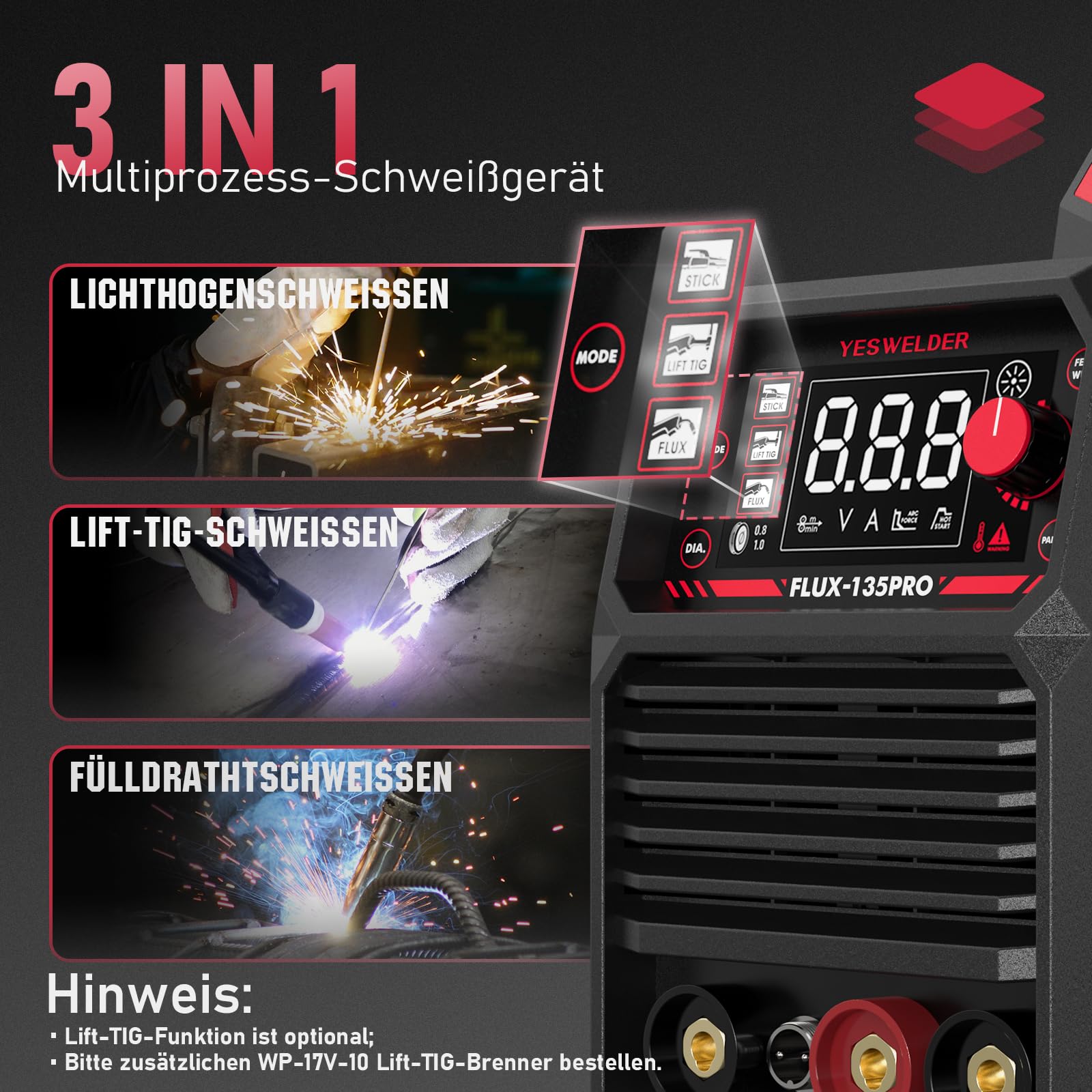 YESWELDER 135Amp MIG Fülldraht Schweißgerät ohne Gas, 230V Flux MIG/Lift TIG/Stick 3-in-1 Fülldrahtschweißgerät LED Digitalanzeige Schweißgerät mit 2 Spulen Fülldraht