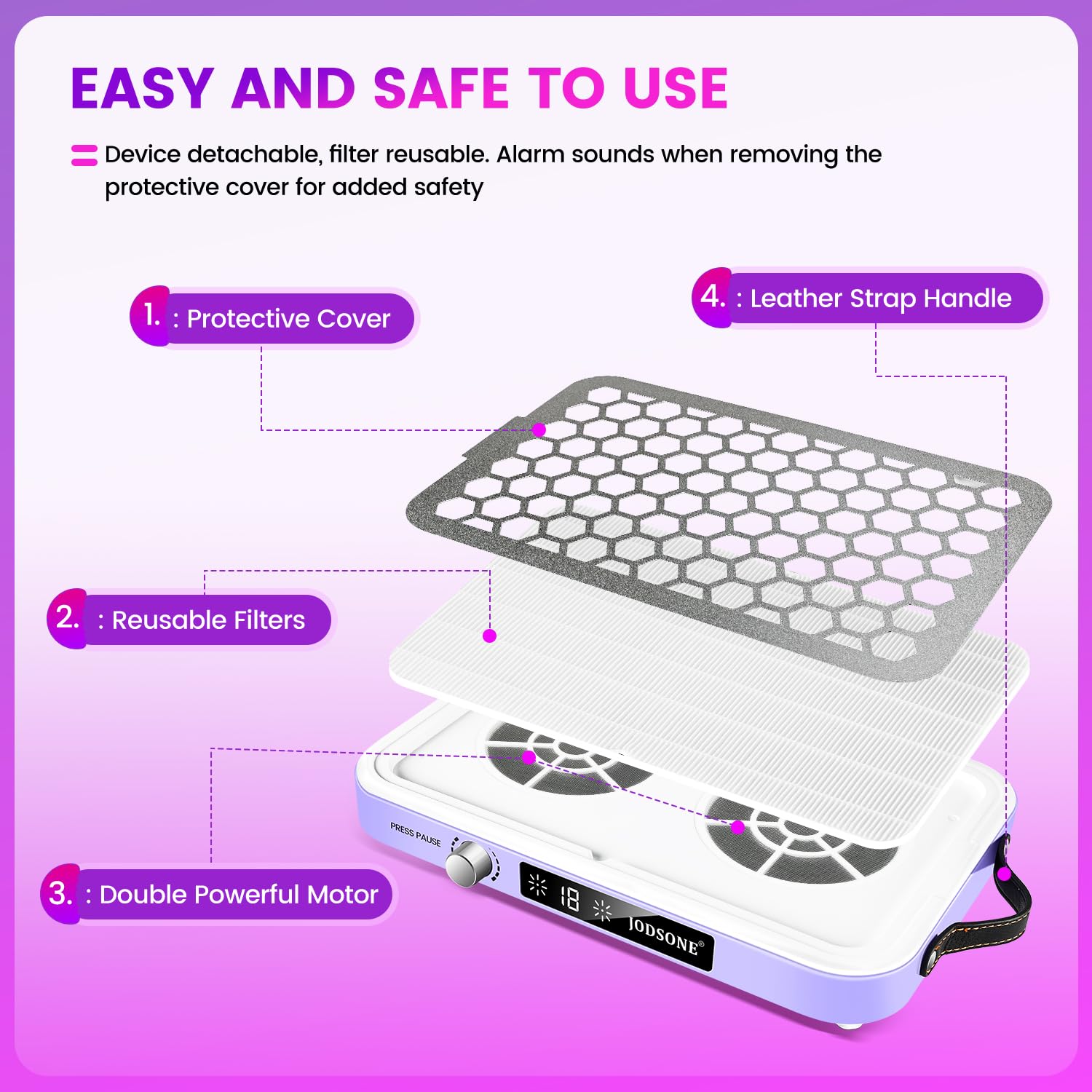 JODSONE, Collettore Professionale di Polvere per Unghie con Doppie Ventole Turbo e Display LED, Portatile, Elevata Efficienza di Rimozione della Polvere, Controllo Intelligente per Uso in Nail Art e