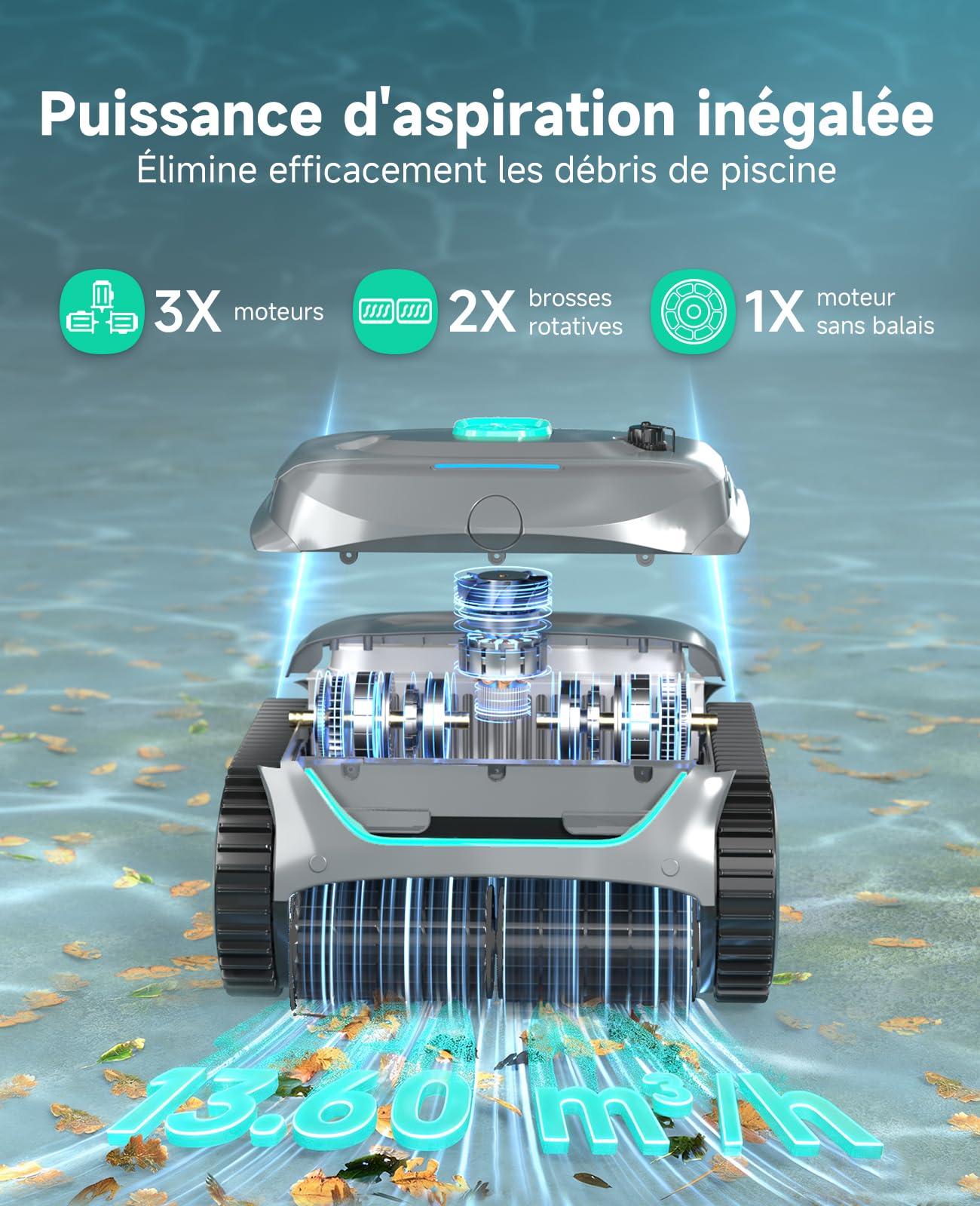 WYBOT C2 Robot Piscine sans Fil pour Piscines Enterrées 150㎡, Double Filtration, 3 Moteurs, Aspiration Puissante, Nettoyage Parois & Ligne d'eau, 180 Min, App(Vert Brume-Vert)
