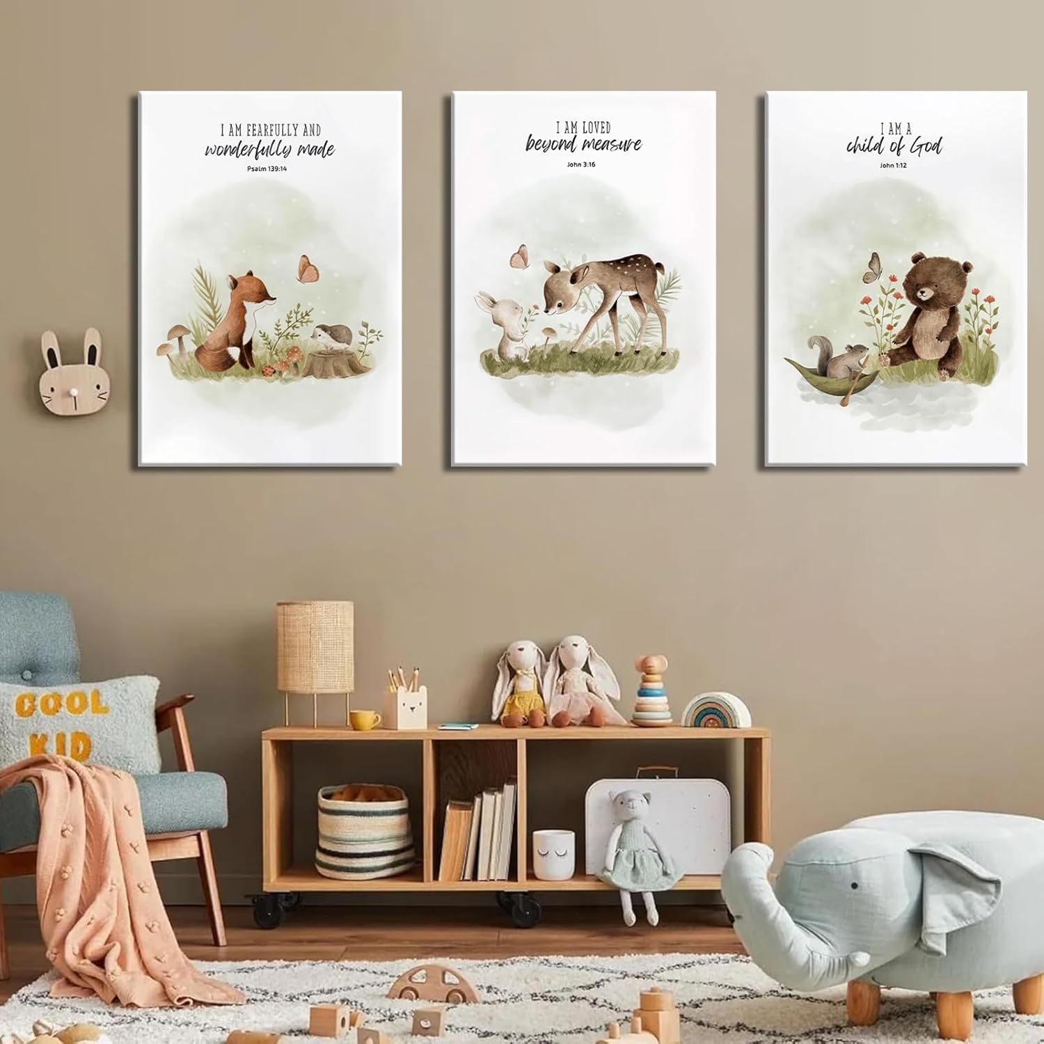 3Pcs Christian Nursery Animal Canvas Wall Art Bible Verse Wall Decor Pictures Religious Watercolor Cute Baby Animals Posters Prints for Kids Boys Girls Room Home Decoration 12x16in
