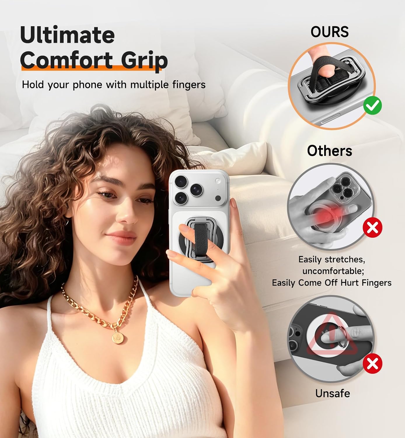 OANDYS Magnetic Phone Grip for Mag-Safe, 5-in-1 Phone Ring Holder with Kickstand & Finger Loop & Strap, Super Strong 3.3lbs Magnet for iPhone 17 16 15 14 13 12 Pro Max, mag Safe Car Mount Alternative