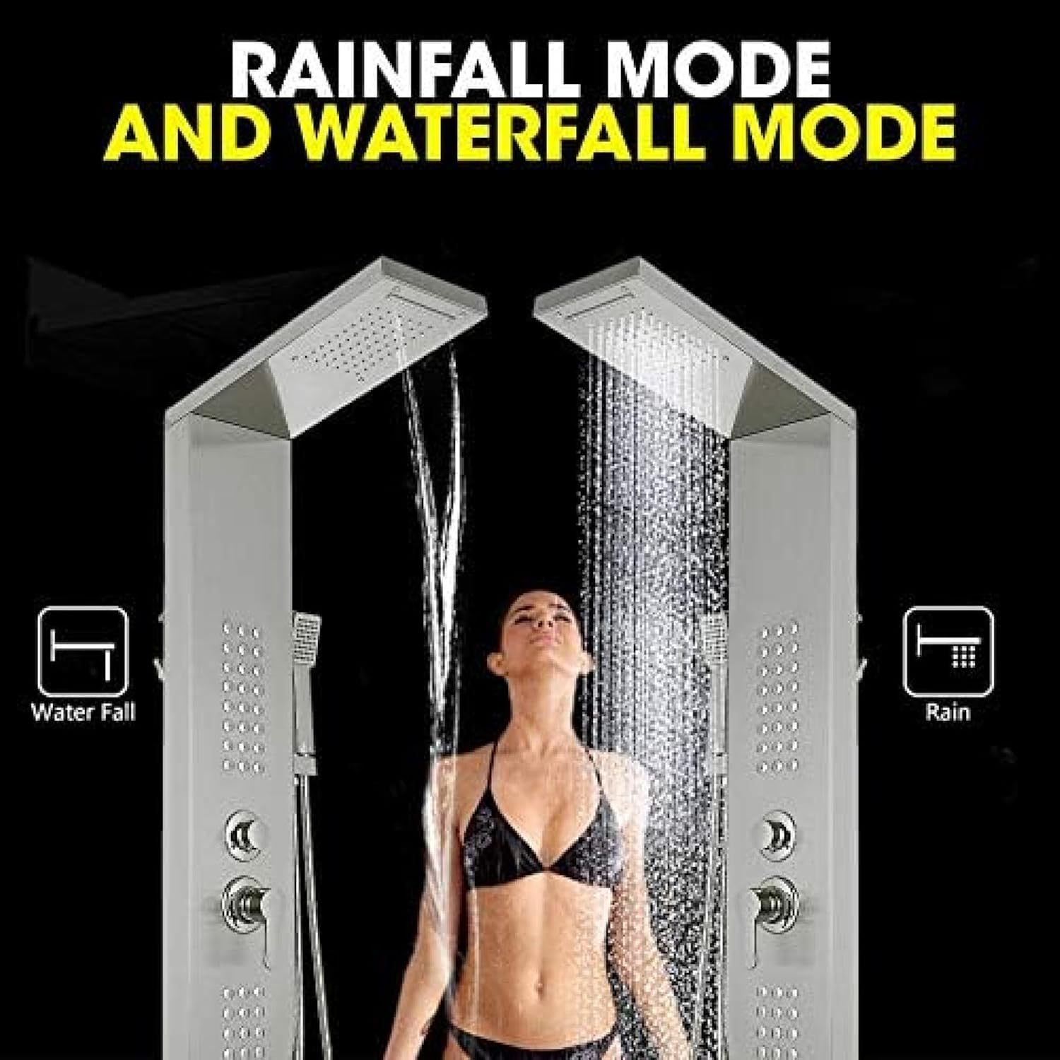 Rainfall Shower Panel Tower Stainless Steel Multi-Function Shower Panel Suit with Body Massage Jets Tub Resort