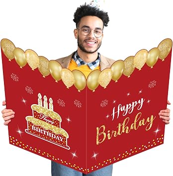 Jumbo Birthday Card Decoration, Red Gold Giant Happy Birthday Guest Book Large Greeting Paper Cards Gifts Oversize Birthday Party Favors Supplies Extra Big Blessing Card Decor for Men Women Boys