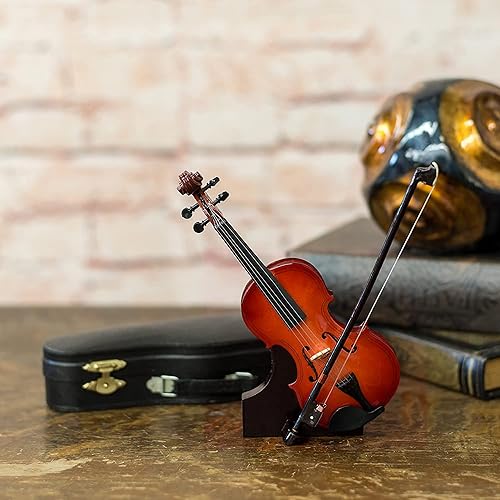 Miniatura 6 de Broadway Gifts - Violín de madera marrón de 71 pulgadas decoración en miniatura con soporte y estuche
