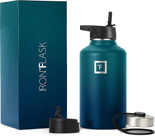 Iron Flask  Botella de agua deportiva de 14 onzas, 18 onzas, 22 onzas, 32 onzas, 40 onzas y 64 onzas, con 3 tapas (tapa con popote), acero