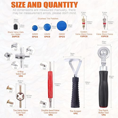 Miniatura 2 de Kit de reparación de neumáticos de 70 piezas, parche, raspador, herramientas de extracción de vástago de válvula, núcleos, tapas y parches para