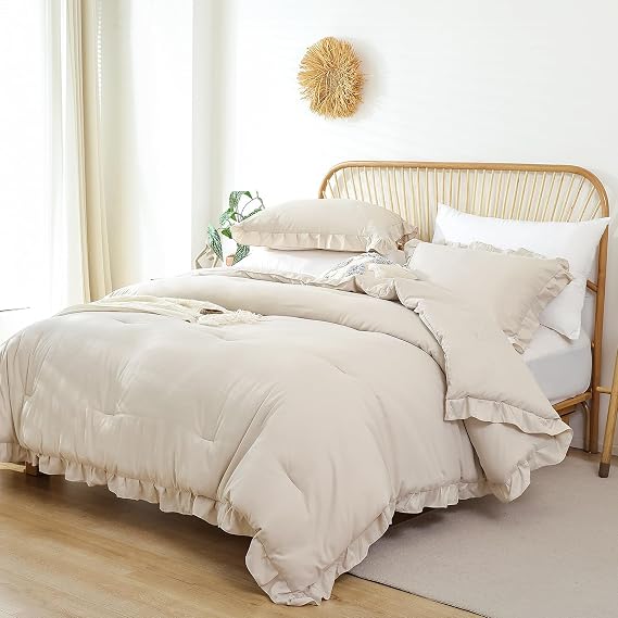 JANZAA Beige Comforter Set Queen, Ruffle Soft Bedding