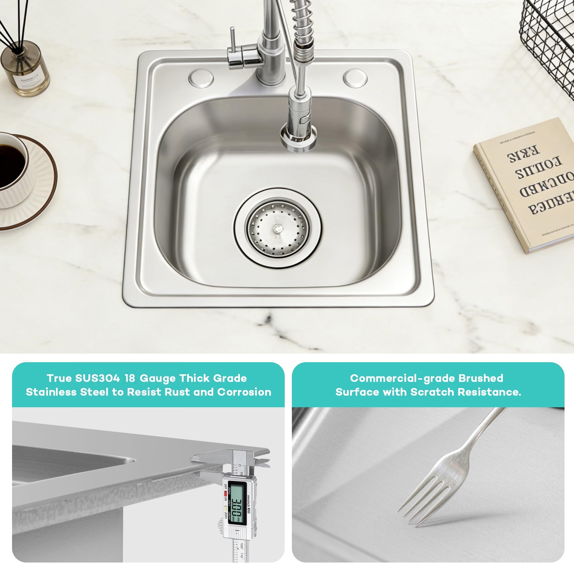 MILOSEN 15 X 15 Inch Drop In Bar Sink, 304 Stainless Malta - View #8