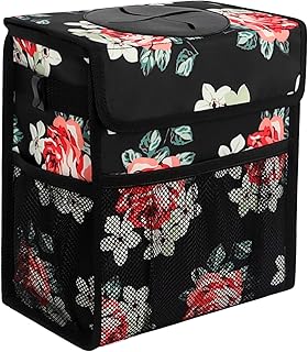 Car Trash Can Leak Proof Car Trash Bin Waterproof Car Garbage Can with Lid for SUV Front Seat Multipurpose Car Hanging Bag for Headrest Collapsible and Portable with Storage Mesh Pocket, Floral