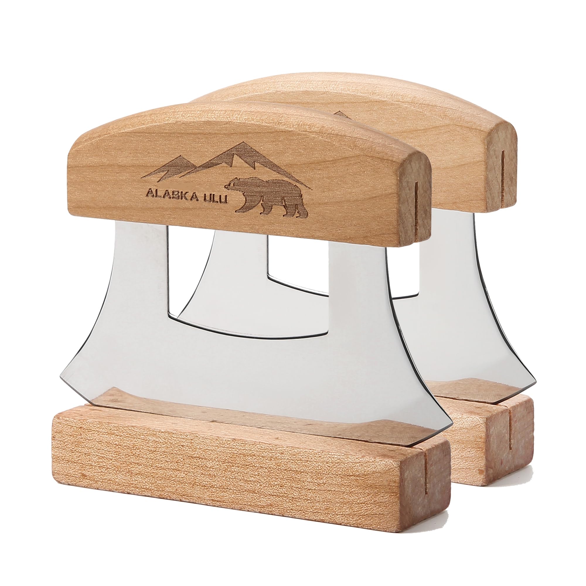 WIUCYS Alaskan Ulu Knives Pizza Cutter Chopper Slicer for Salad Vegetables Meat Chopping Mincing with Wooden Stand Arthritic Tool 5x4in (2)