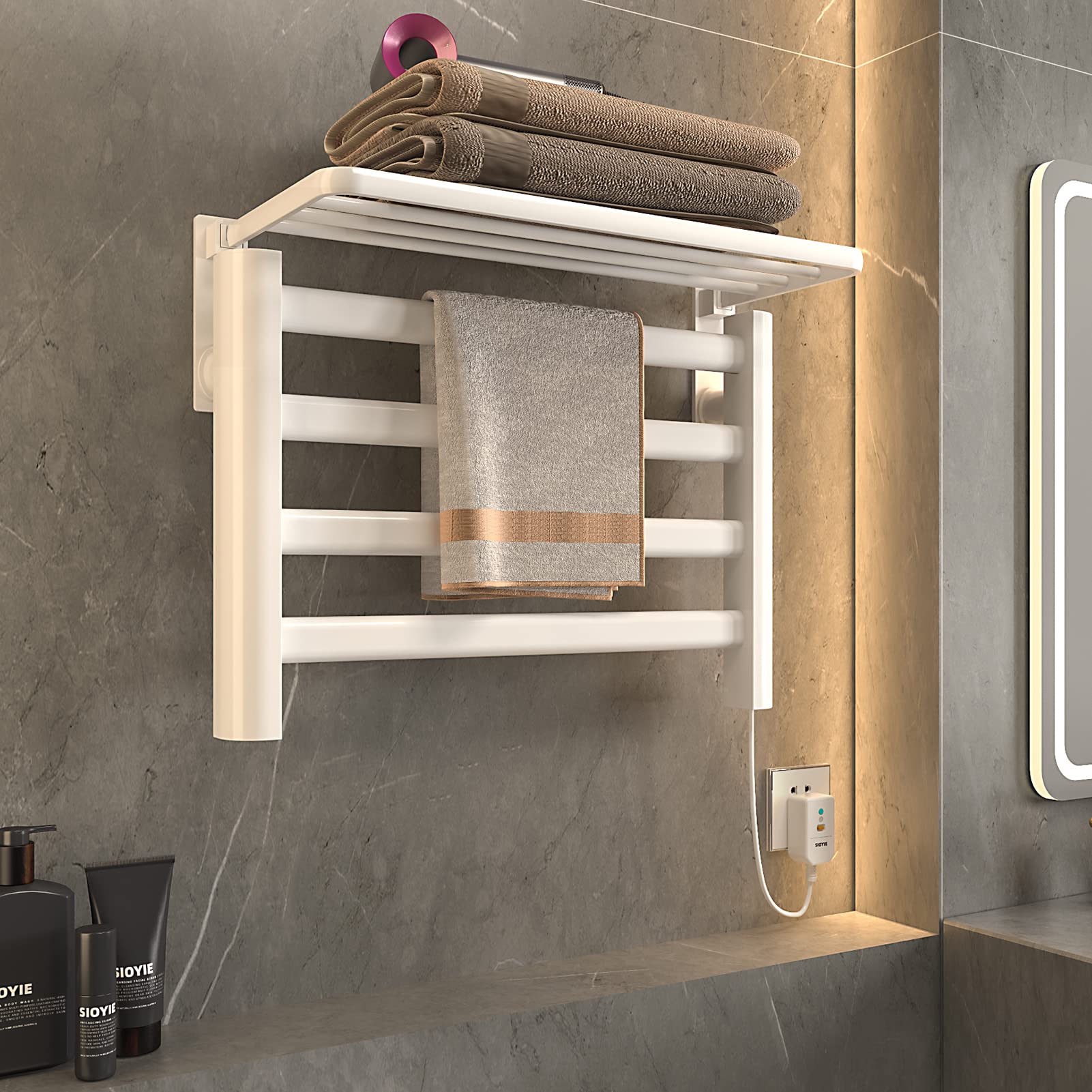 Radiador toallero eléctrico de 550x400 mm con Temperatura Constante Inteligente y Estante - Calefacción de Fibra de Carbono Blanca - Secador toallero para baño