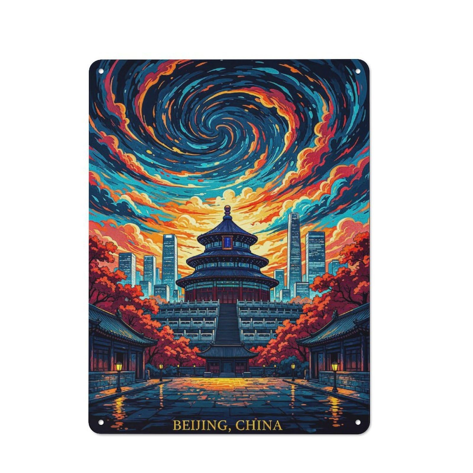 Junmoney Style-19 Vibrant Beijing Temple With Swirling Sky Tin Wall Sign 40X30cm, Retro Novelty Wall Art For Bedroom, Kitchen, Office Or Living Room
