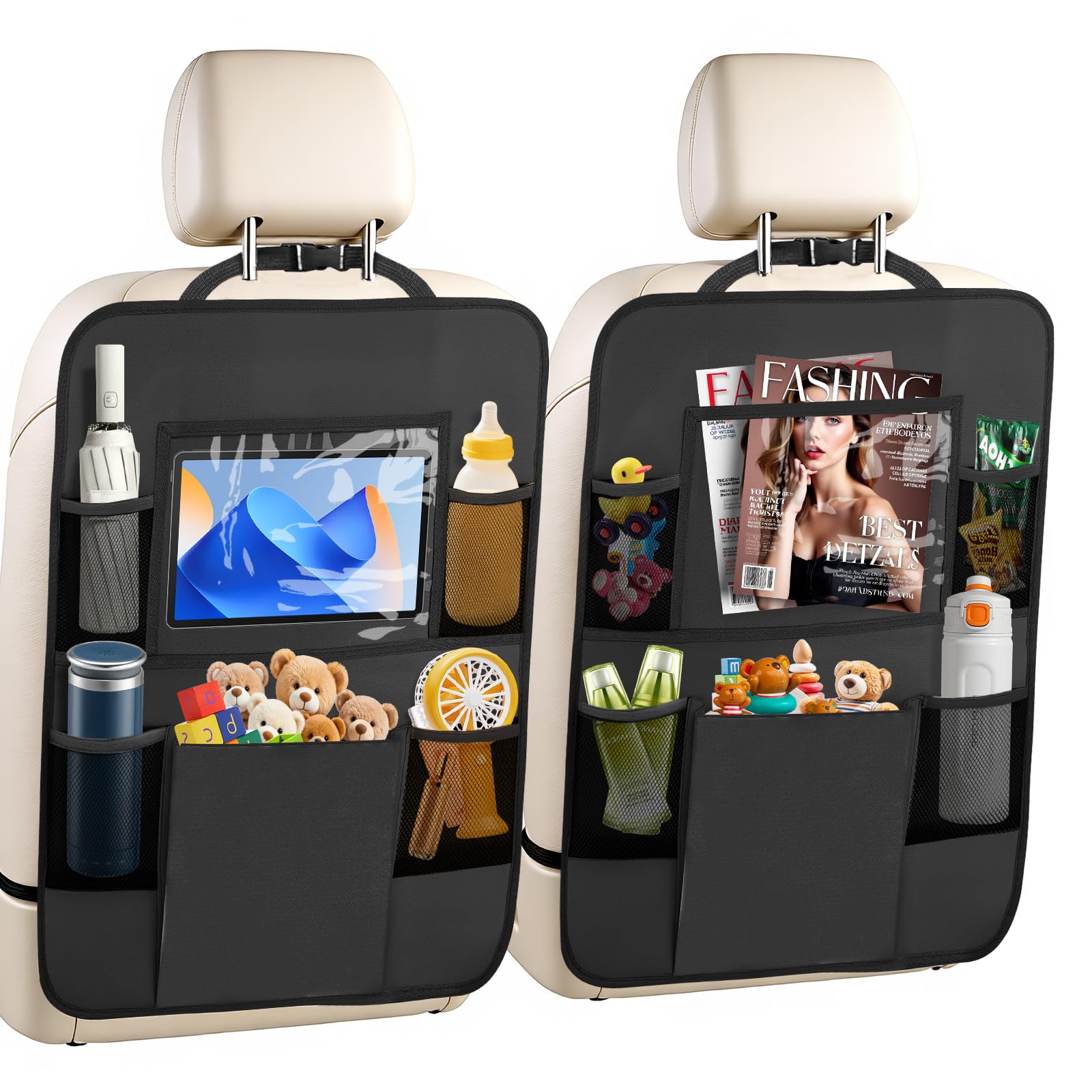 2 Pack Car Backseat Organizer with Touch Screen Tablet Holder,6 Storage Pockets Protectors Kick Mats,Car Back Seat Cover Protector Travel Accessories for Kids