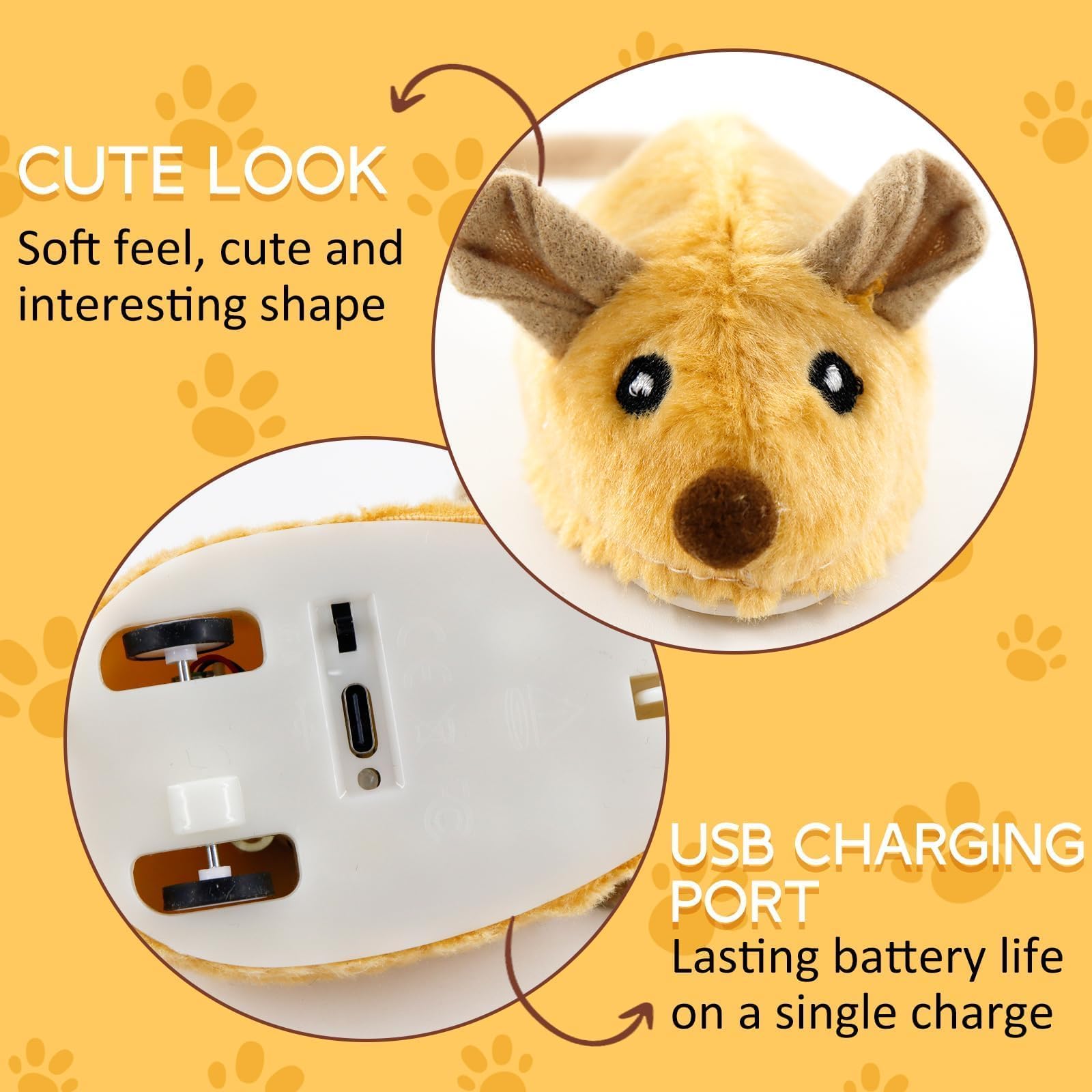 TaimeiMao Ratón de Juguete Eléctrico, Ratón de Simulación Peluche con Cola Emplumada, Juguetes para Gatos Interactivos con Cable USB, Amarillo