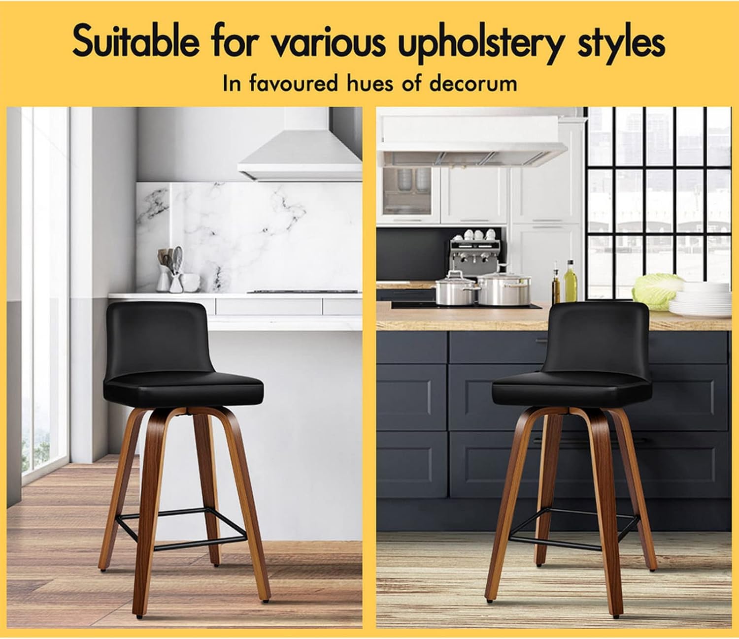 2pcs Bar Stool Bailey Swivel Kitchen Stool in 65cm Seat Height Leather Counter Stool with Back Footrest and Adjustable Leg Levelers Home Dining Chair Black