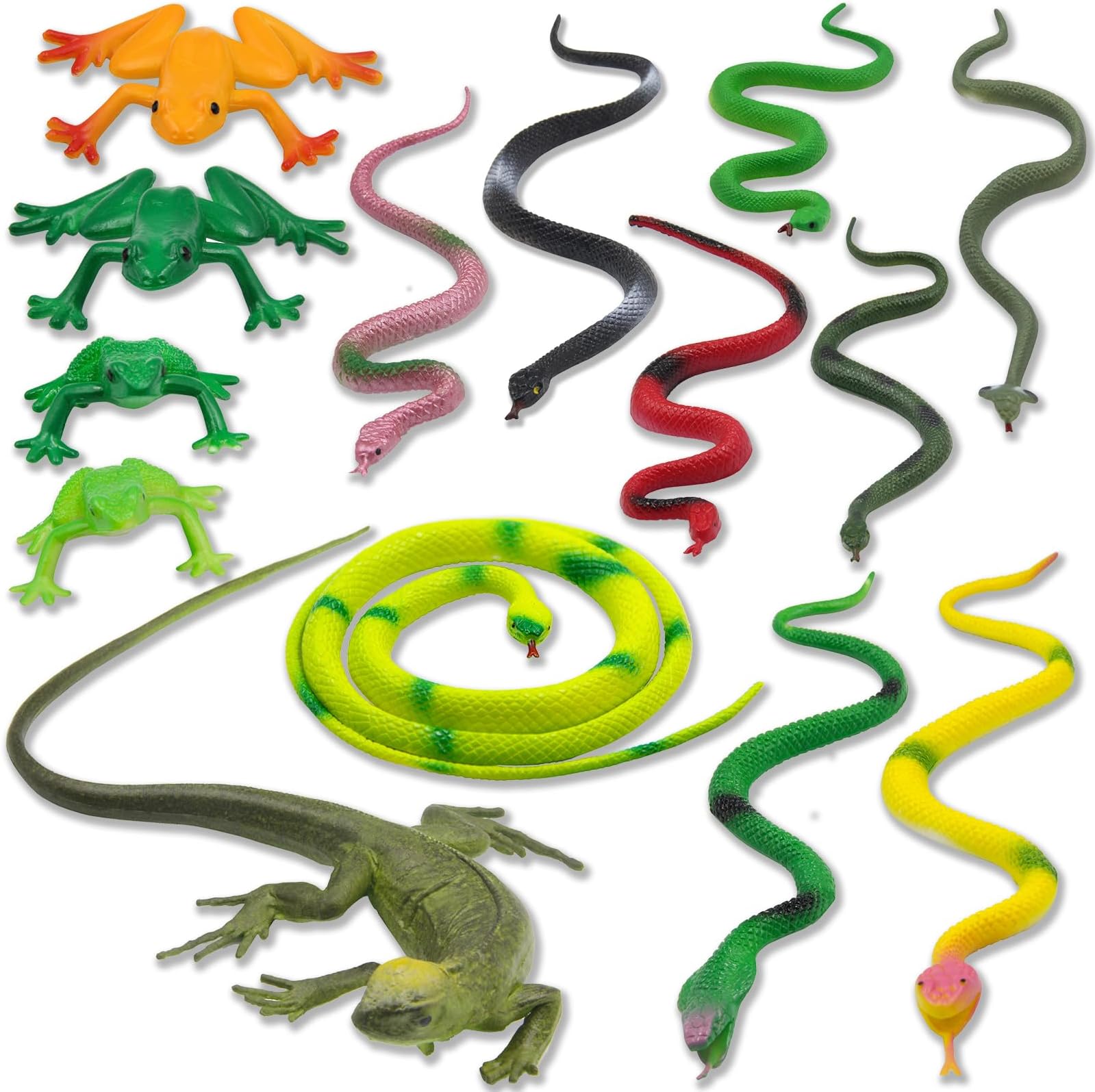 Pinowu 14pcs Realistic Rubber Forest Snake Animals, 1 Lizard + 4 Frog Toys + 9 Fake Snakes 4” to 35”, Assorted Colorful Animal Toys for Boy Girl Garden Prank Prop Scare Birds Halloween Party Favors