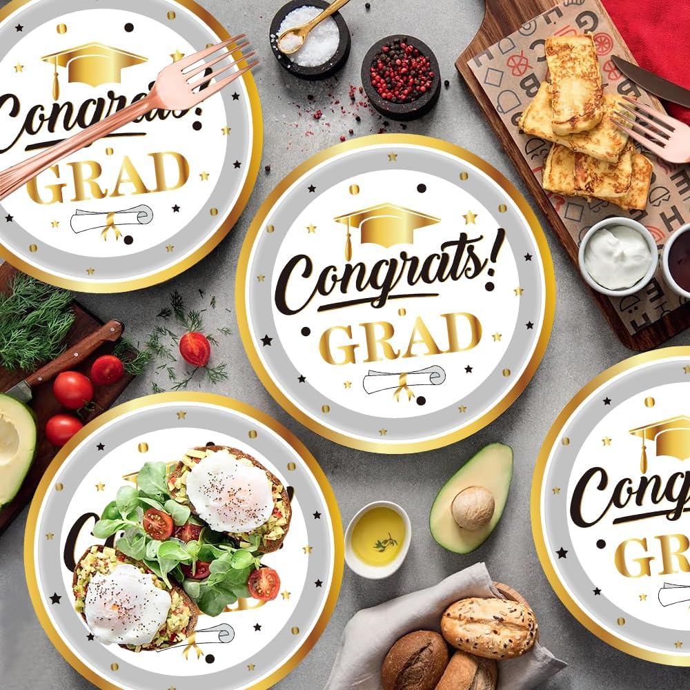 50Pcs White & Gold Graduation Party Supplies 2025,White and Gold Party Plates 7"Graduation Party Plates for Glitter Congrats School College Kindergarten High Graduation Party Decorations (White)