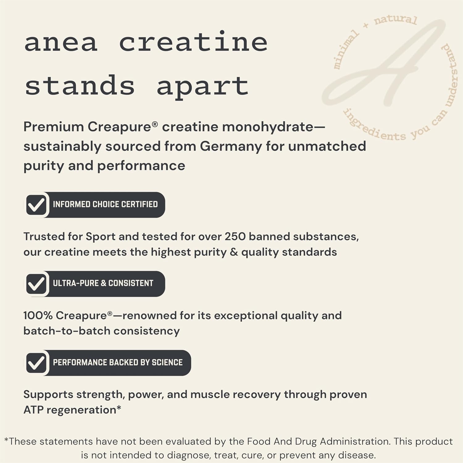 Anea Creatine Monohydrate - Unflavored | 5g Creapure® per Serving | Supports Muscle Energy, Strength & Recovery | Pure & Filler-Free | Made in GMP Facility