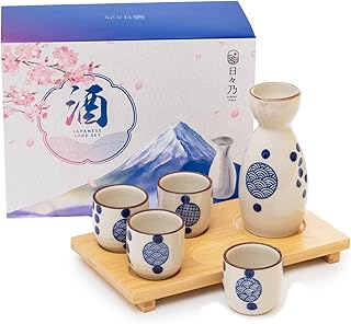 HIBINO Japanese Sake Set - 1 Tokkuri Bottle (5 Oz) & 4 Ochoko Cups (1.3 Oz) - 5pc Ceramic Sake Set with Serving Bamboo Tray - Traditional Japanese Gift Set -「Blue Wave」