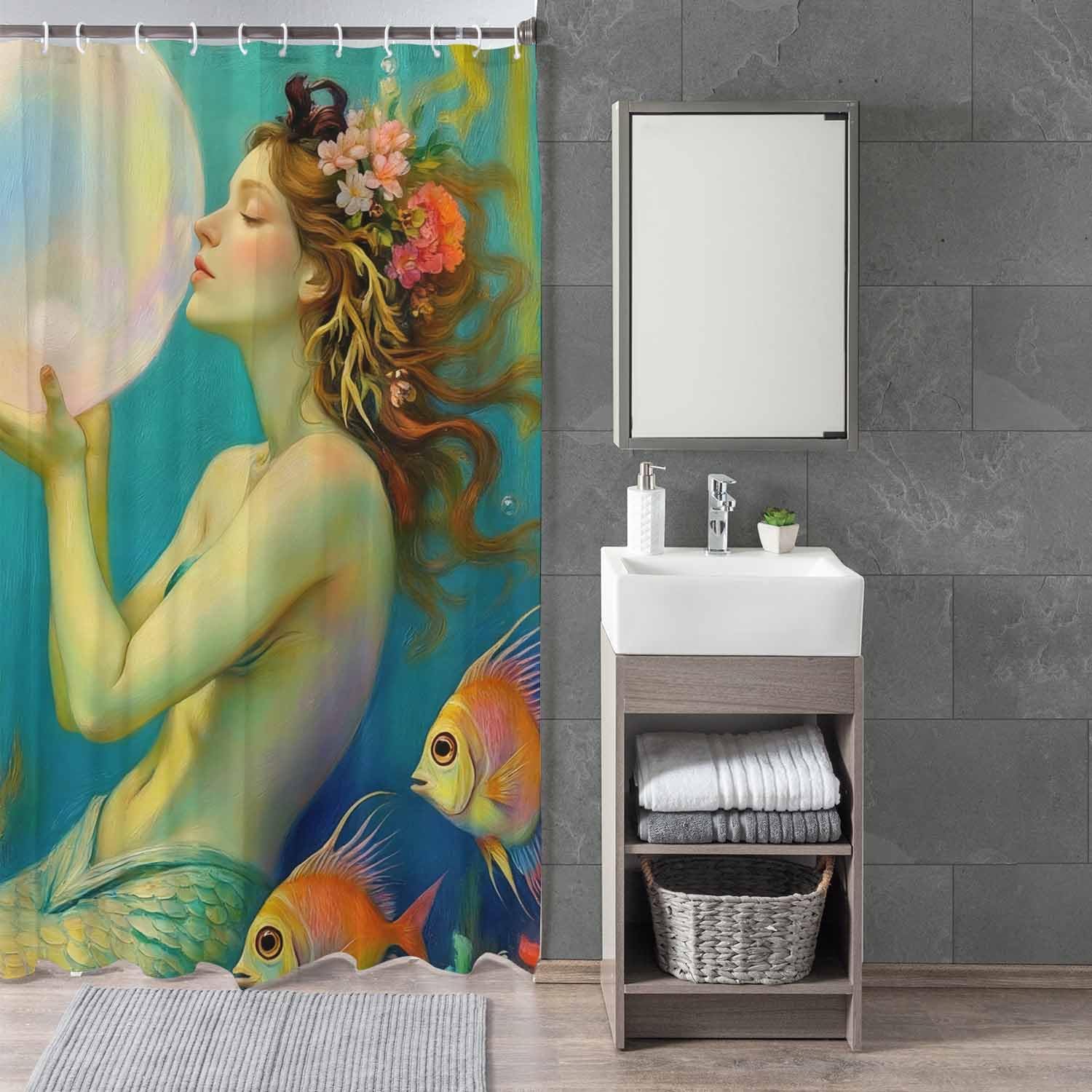 Mermaid with Pearl Shower Curtain Fairy Tale Art Beautiful Ocean Undersea Flowing Bubble Long Shower Curtain with 12 Hooks Good Light Resistance Non-Fading and (72×84 Inch)