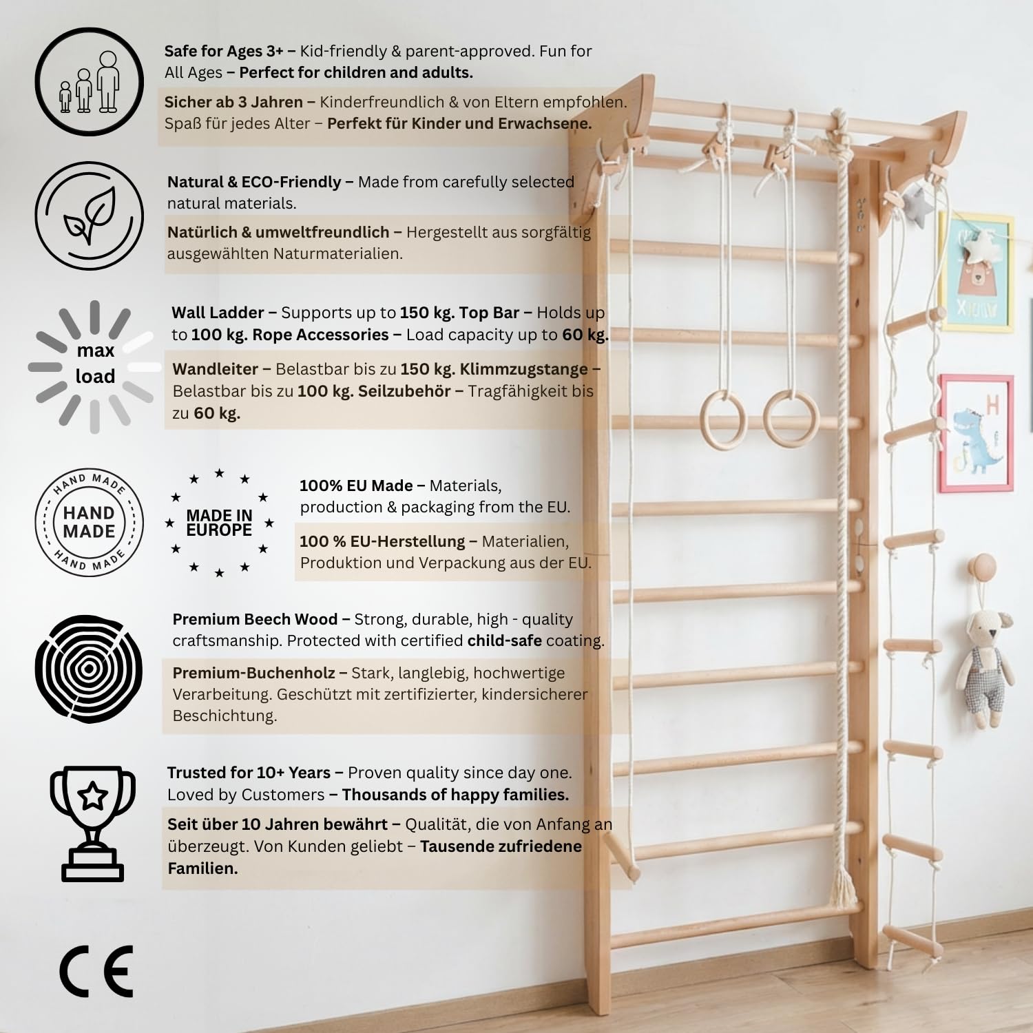 Escalera Sueca Barras de Pared Kinder-2-220, Gimnasia de los niños en casa, Complejo Deportivo de Gimnasia - Certificado, almacén de la UE