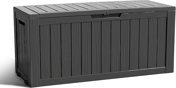 ROJIK Outdoor Storage Housing Deck Box - Waterproof Patio Furniture, Garden Tools, Cushions, Pool Accessories Storage Bench with Lockable Lid and Side Handles Black 90 Gal