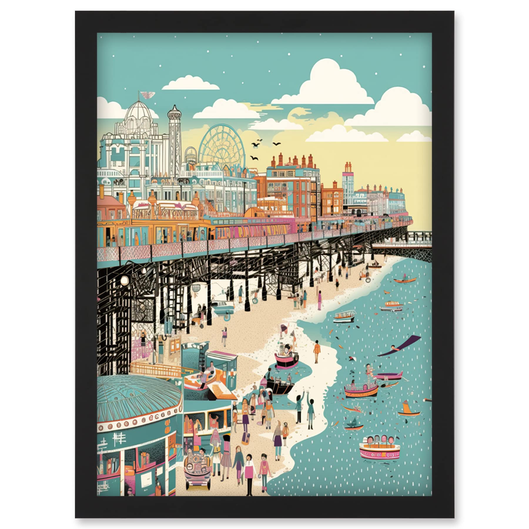 Artery8 Brighton Beach Pier and Sandy Summer Scene Artwork Framed Wall Art Print A4