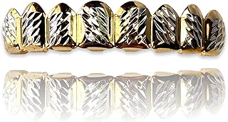 18k Gold Silver Two Tone Plated Cluster Custom Slugs Fangs Top Bottom Diamond Cut Grillz Mouth Teeth Grills Set - Grillz, Teeth Cap