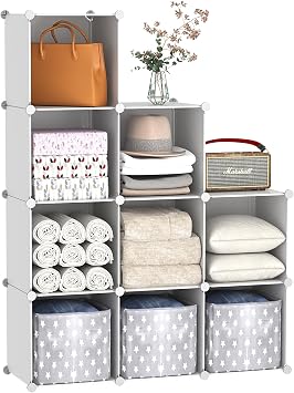 C&AHOME Cube Storage, 9-Cube Bookshelf, Plastic Closet Cabinet Organizer, DIY Stackable Bookcase, Modular Shelving Units Ideal for Home, Office, Kids Room, 36.6" L x 12.4" W x 48.4" H Milky UPCS09M