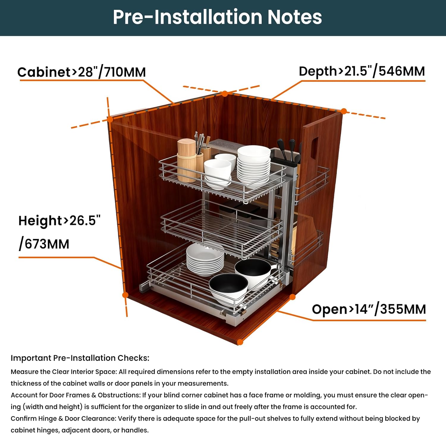 Magic Corner Pull Out Corner Cabinet, Min Opening 14" Left Open & Right Open Compatible, Soft Close, DSlide Out Drawers for Commerciai Restaurant Cabinets & Kitchen, Bottom Mount