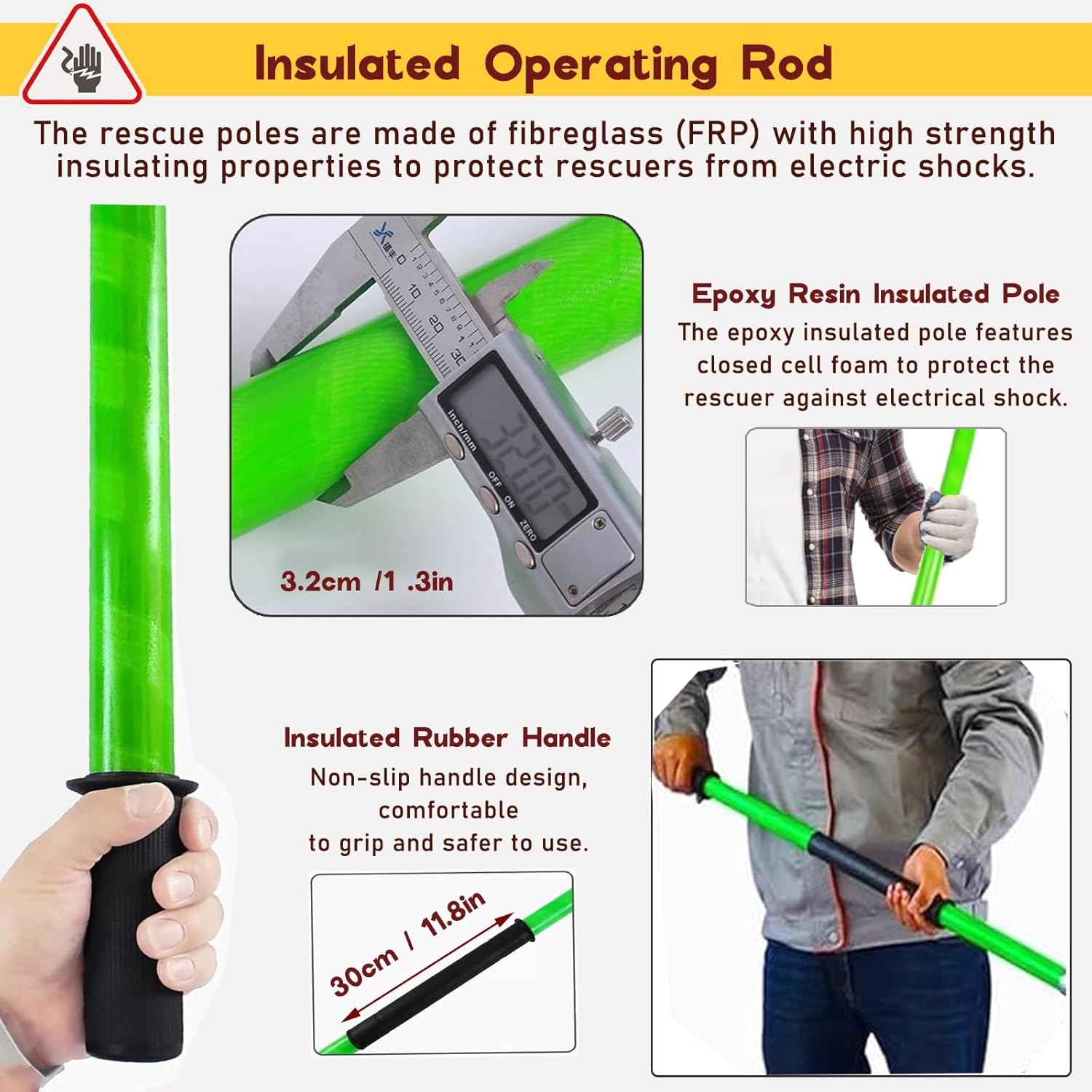 Anti-electrocution Rescue Hook Electrical Safety Rescue Hook Hotstick - 4 5 Ft 6 Foot 10 Feet, Insulated Rescue Hook 16 Inch Opening, 3.2cm Fiberglass Life-Saving Pull Rod for Electric Vehicles/Electr