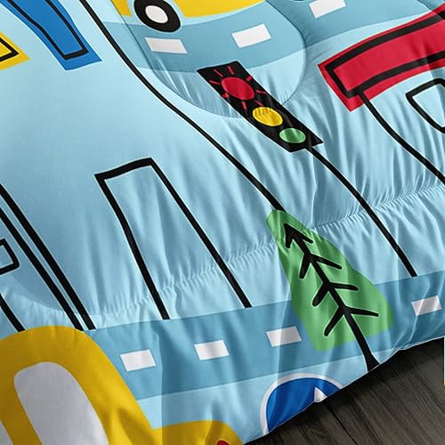 Miniatura 6 de BSNTHO Juego de edredón de transporte de dibujos animados azules tamaño matrimonial para niños, camión de ciudad para niños, edredón de luz de