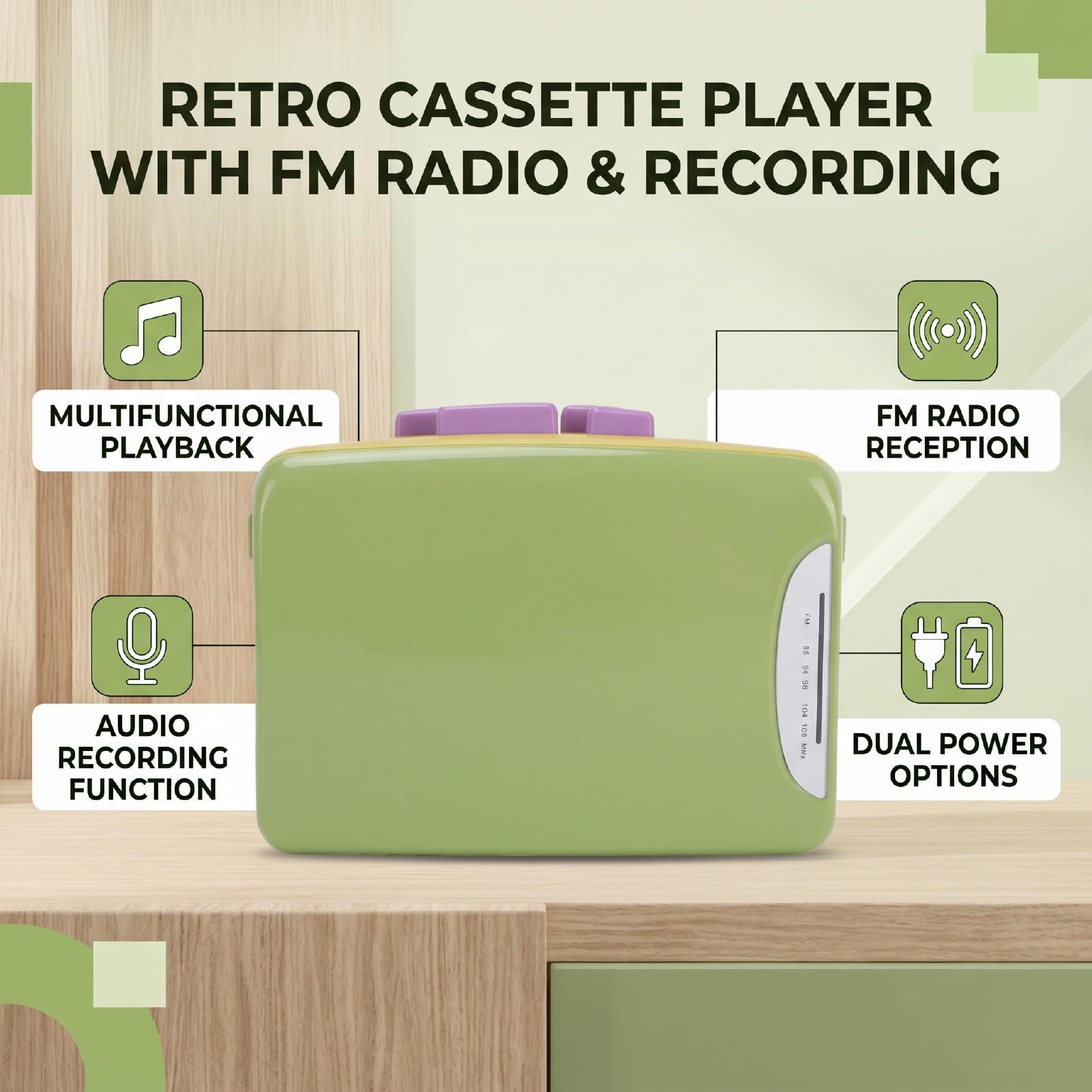 Karlak Lettore di Cassette retrò Lettore Musicale Portatile con Trasmissione FM e Registratore per gli Amanti della Musica Design Compatto USB e Alimentato a Batteria (Verde)