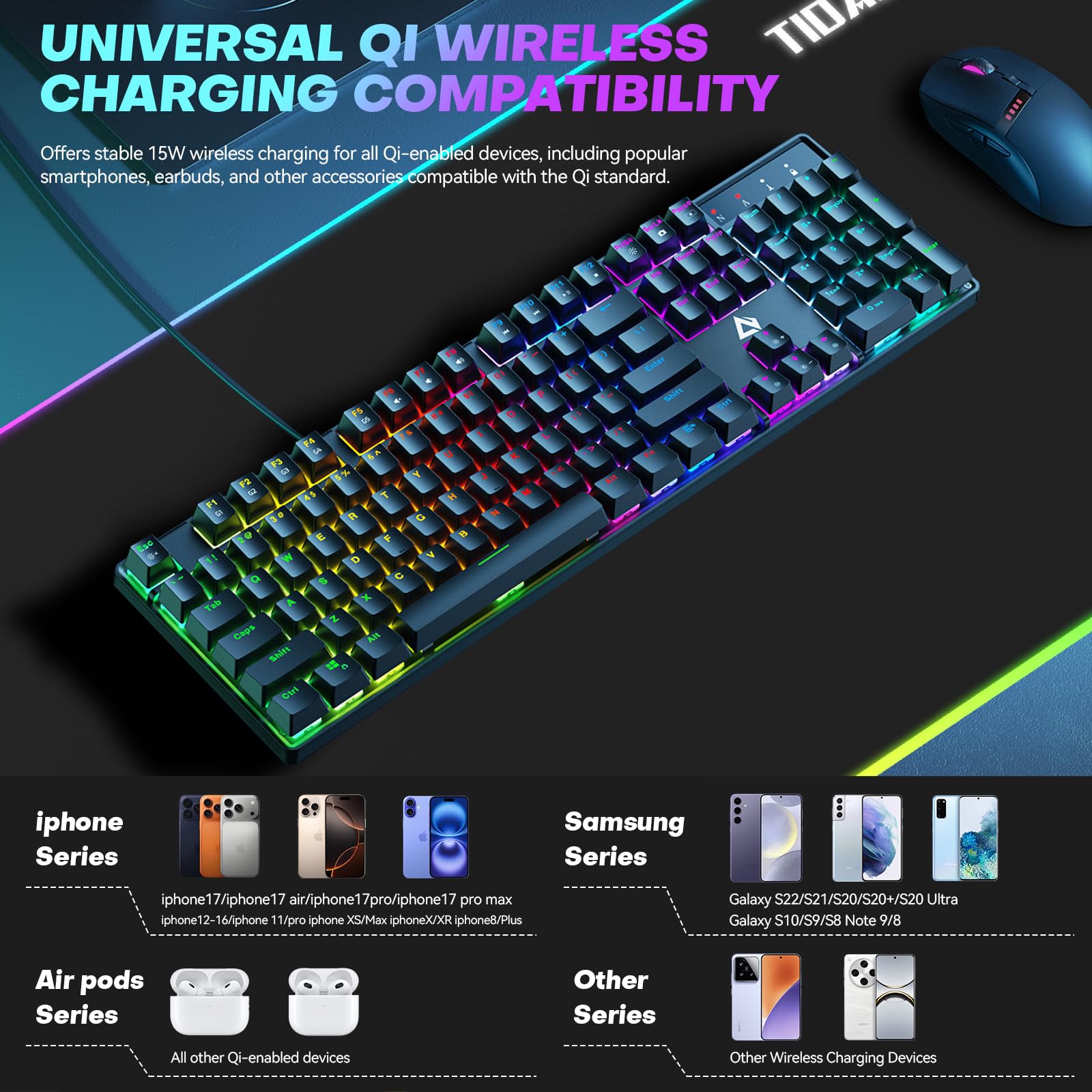 Tappetino per mouse da gioco RGB con caricabatterie wireless da 15 W, 17 modalità di illuminazione, tappetino per mouse extra large da 70 x 30 cm, con base antiscivolo, plug & play di tipo C, per