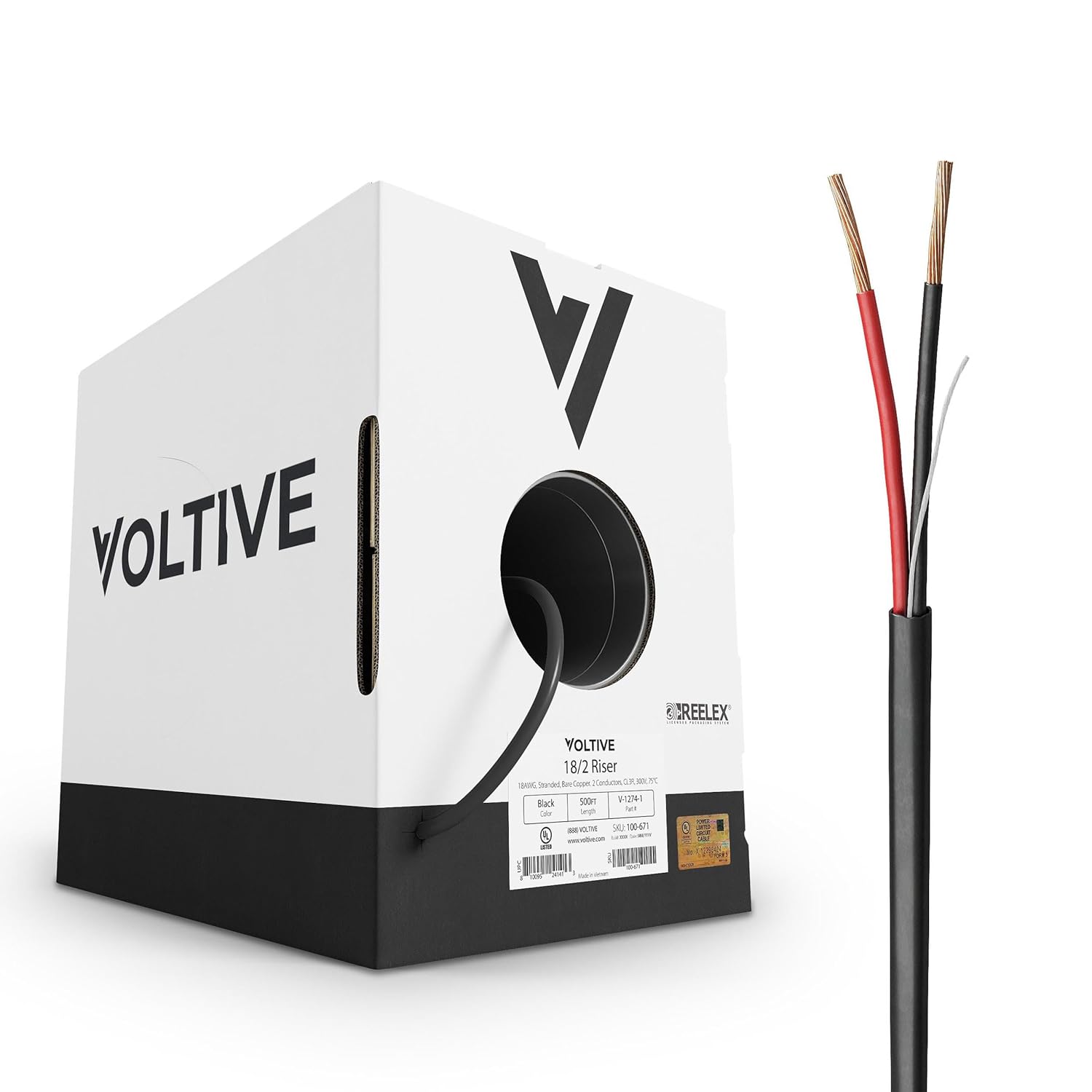 Voltive 18/2 Low Voltage Cable, Riser CL3R, Black, 500ft - 18AWG, 2 Conductors, Stranded Bare Copper, UL Listed - V-1274-1