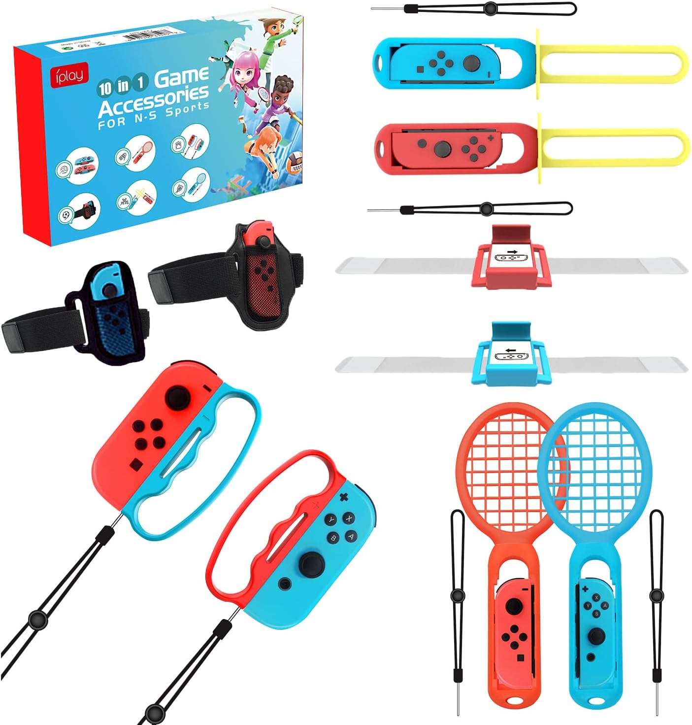 Switch Sports Accessories Bundle - 10 in 1 Family game Kit for Switch Sports & OLED Games : Joycon Grip for Mario，Wrist Dance Bands & Leg Strap,Comfort Grip Case And Tennis Rackets