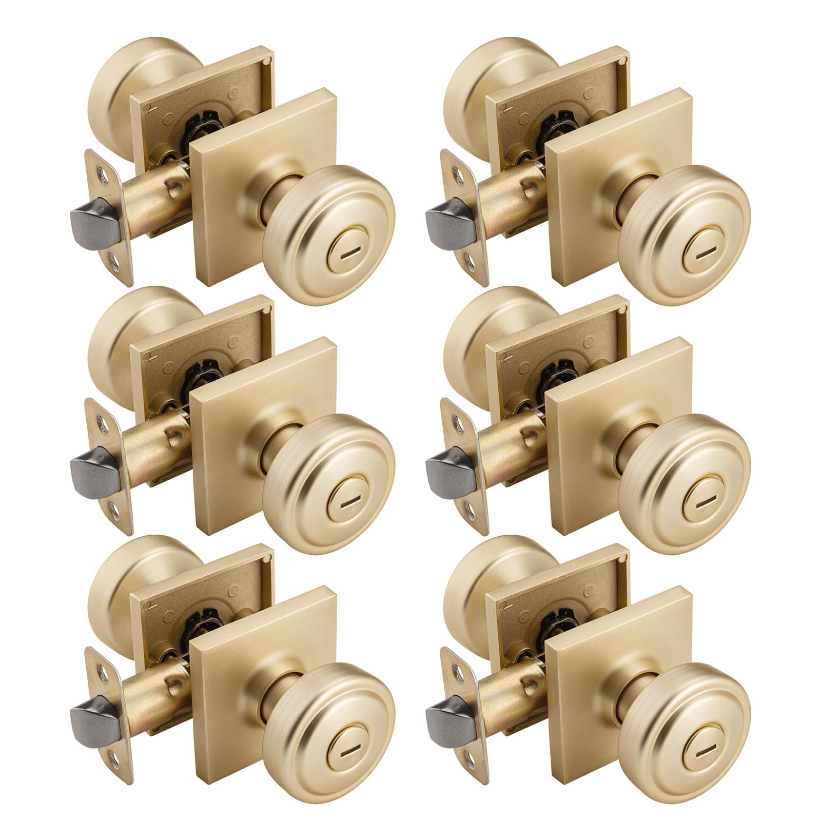 Brushed Gold Door Knobs - 6 Pack with Privacy Lock -22