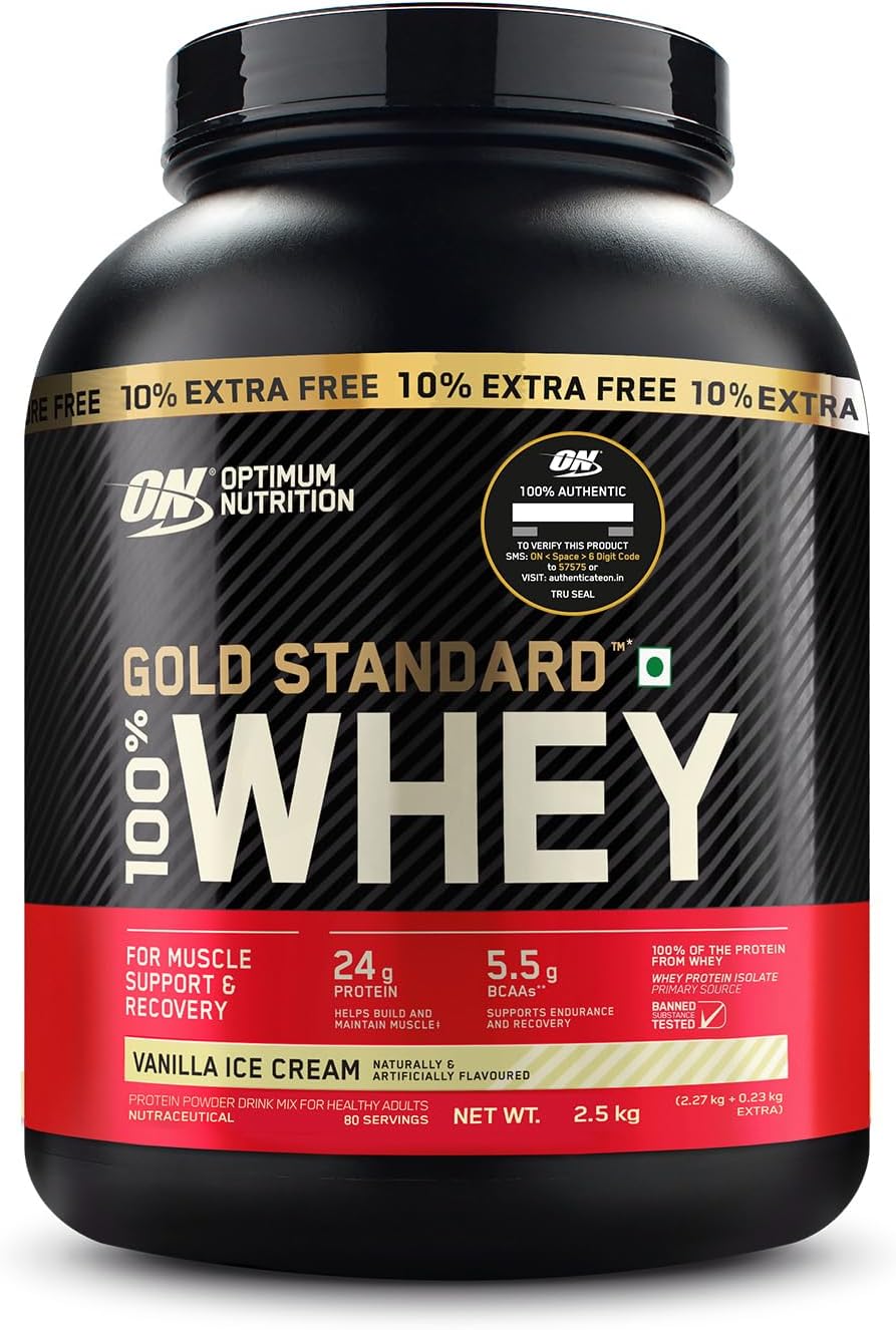 Optimum Nutrition (ON) Gold Standard 100% Whey Protein Powder 5 lb (+10% Extra), 2.5 kg (Vanilla Ice Cream), for Muscle Support & Recovery, Vegetarian - Primary Source Whey Isolate