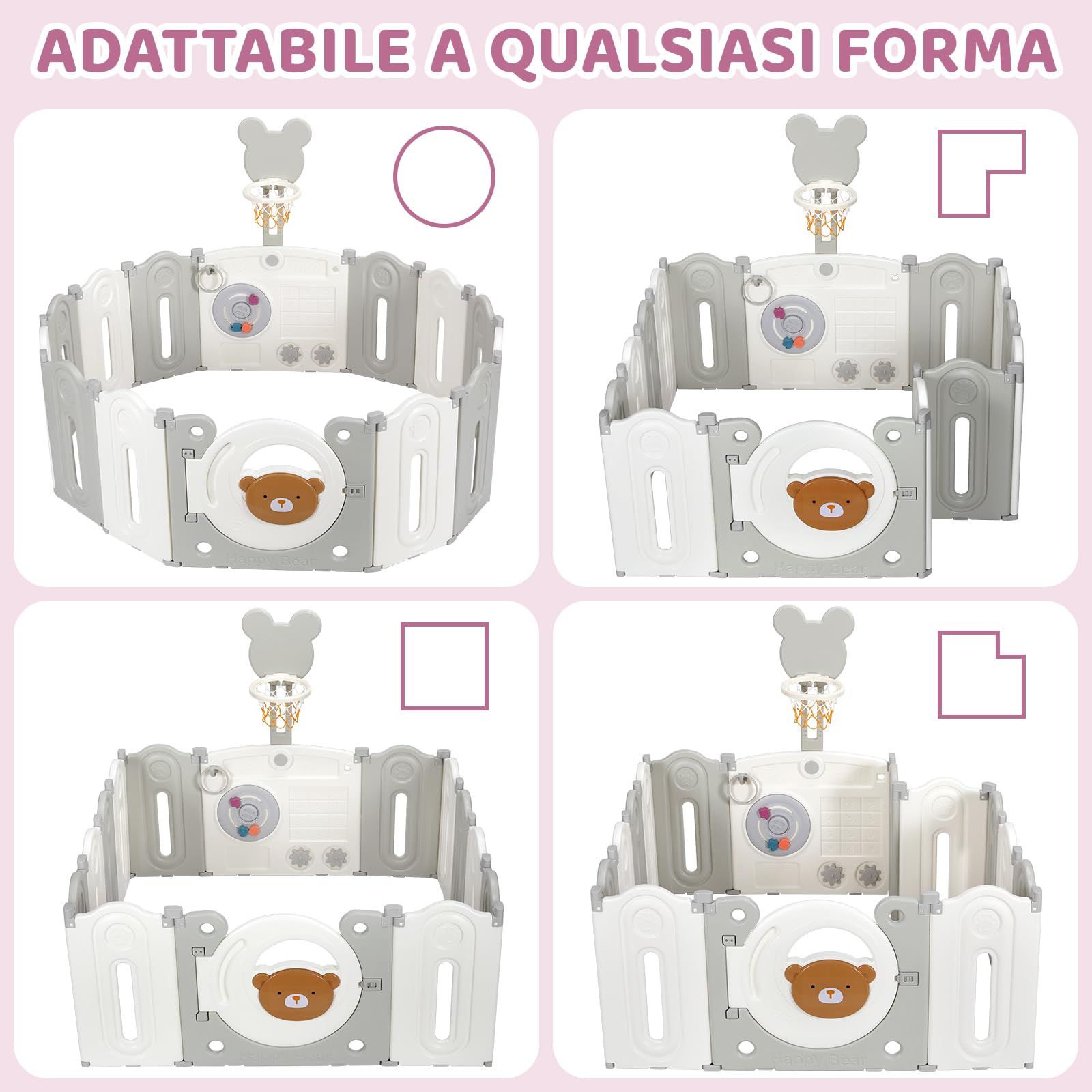 Box Bambini Pieghevole, Recinto per Bambini 143x143x64 cm, Box Neonato Forma Regolabile, con Canestro da Basket, Pallacanestro e Tavola per Giocattoli, Forte Ventosa sul Fondo, Materiale HDPE Atossico