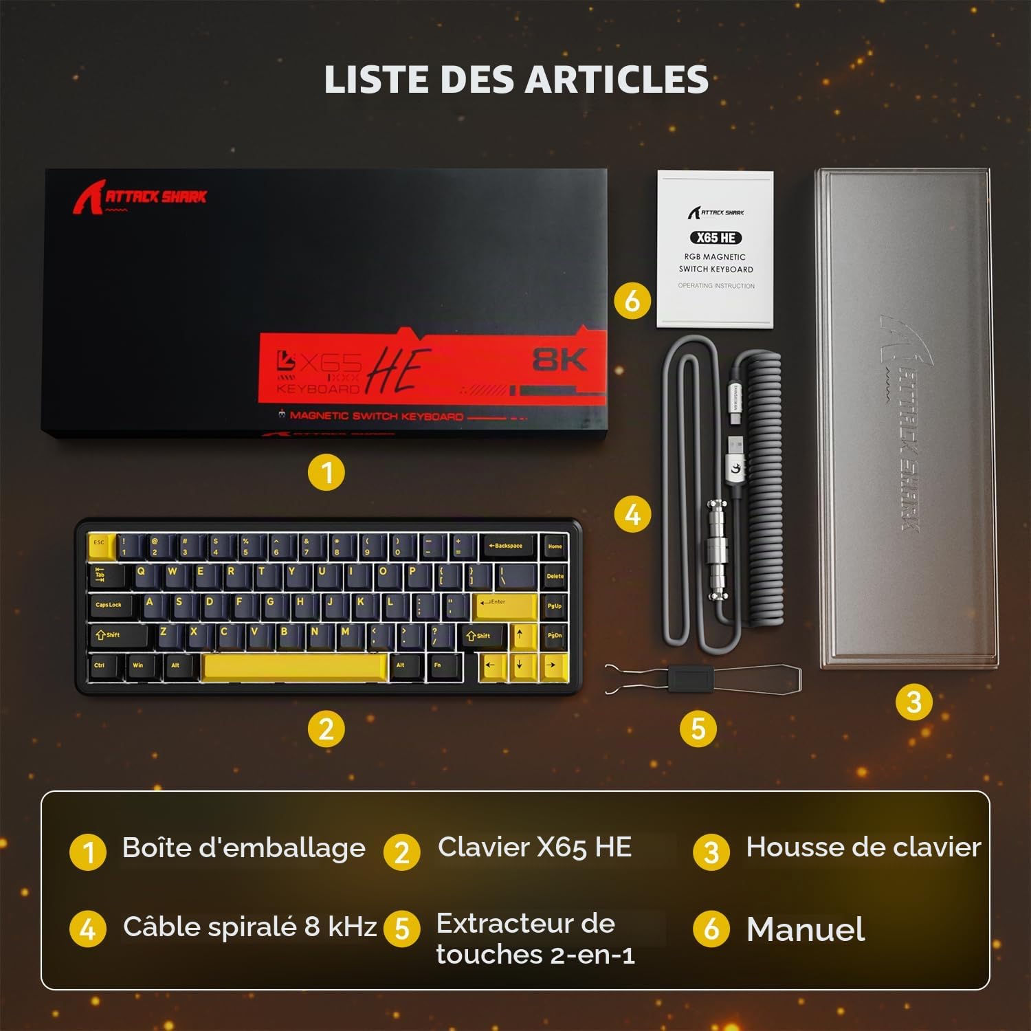 MAMBASNAKE Attack Shark X65 HE Clavier à Déclenchement Rapide, Précision RT de 0,01mm, 8KHz, Clavier Filaire à Effet Hall à 60% avec Câble 8 KHz, Actionnement Réglable, Snap Tap, pour PC, Noir étoilé