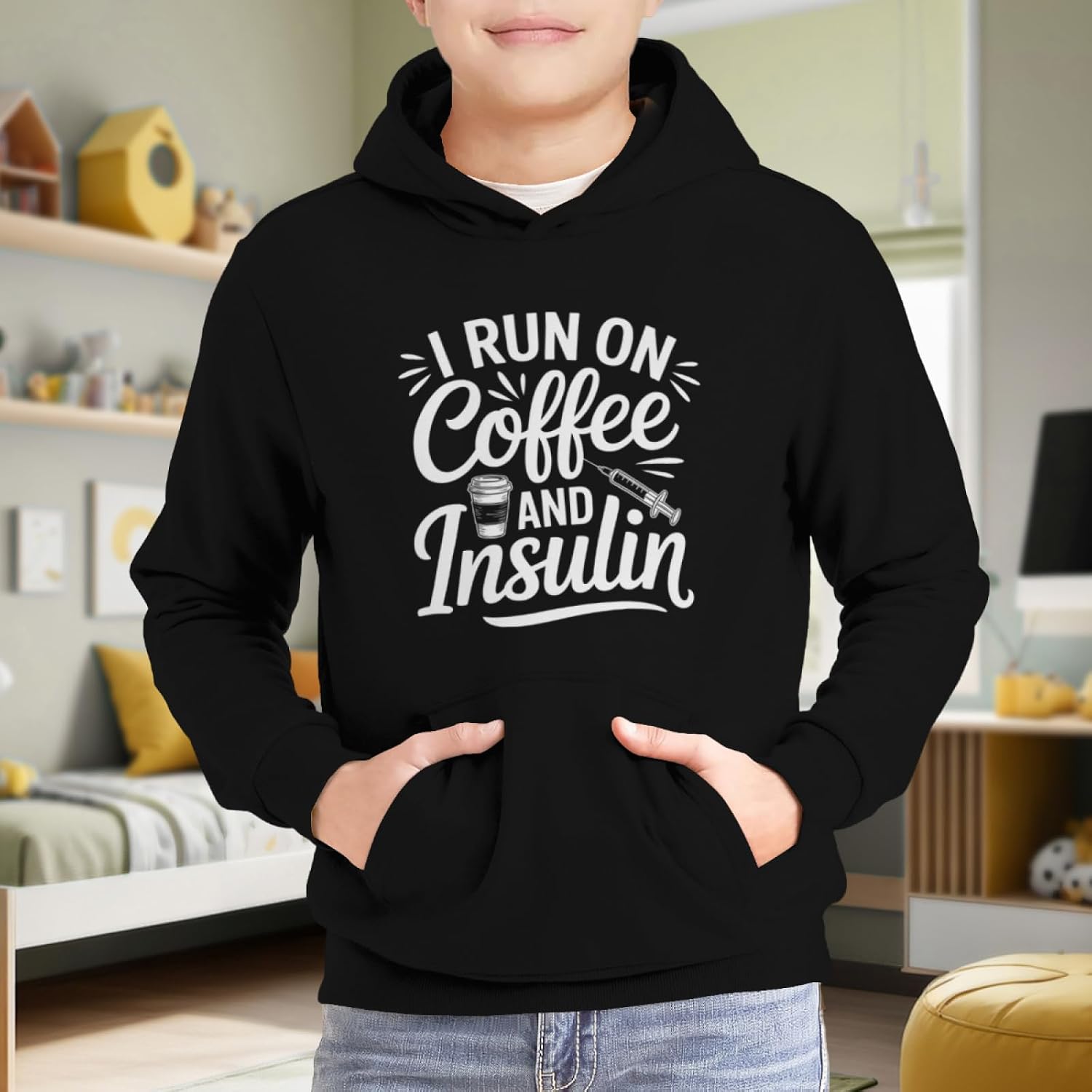 Kids Funny I Run On Coffee And Insulin Boys Girls Lightweight Kangaroo Pocket Fleece Hoodies