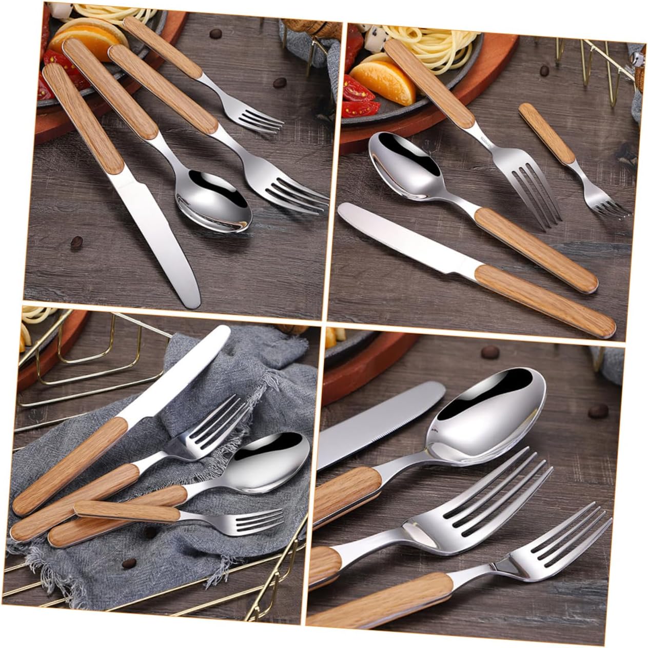 Retro Fork Spoon Set 4 Pcs Stainless Steel with ABS Wood Grain Xmas