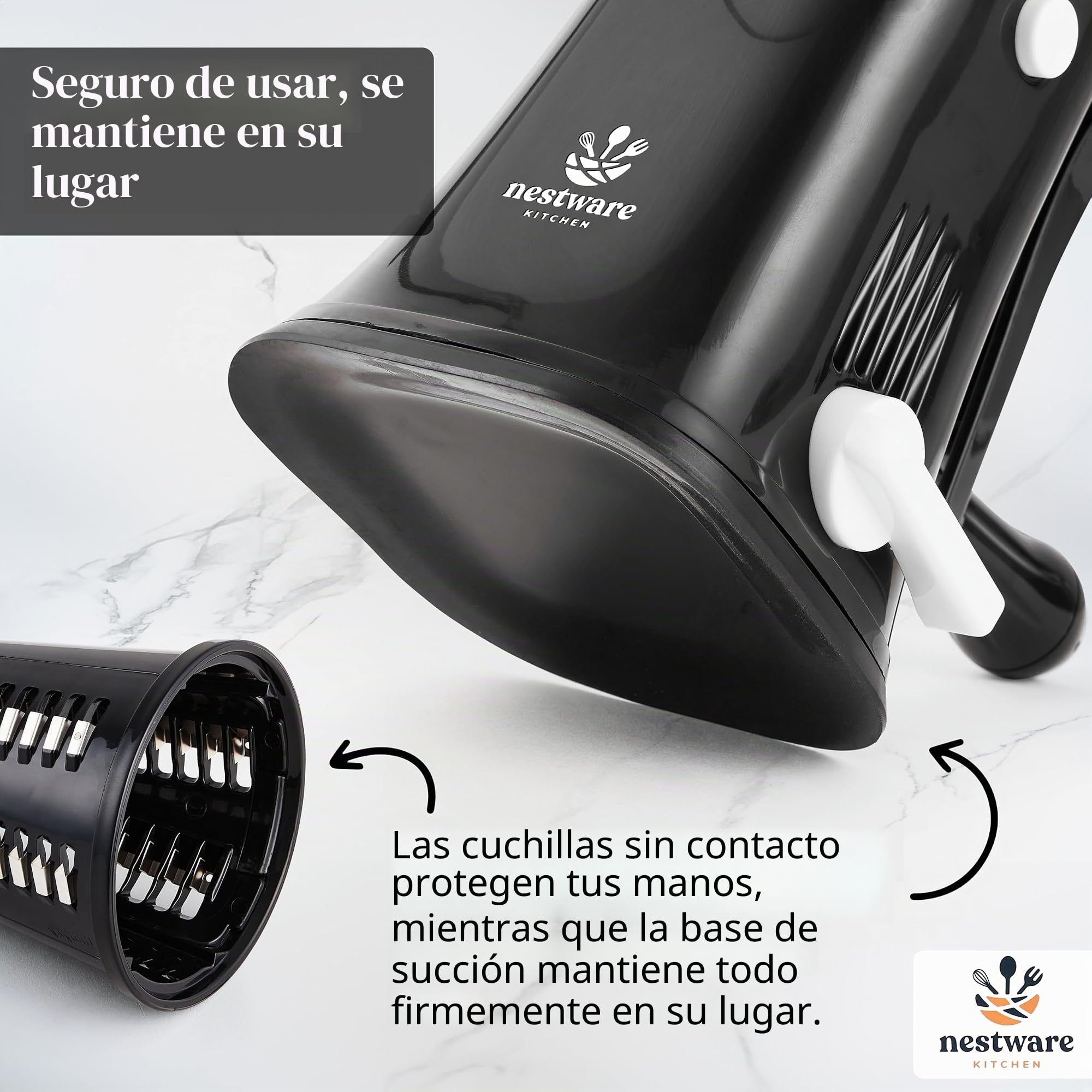 Rallador giratorio de queso de 5 cuchillas, succión reforzada y 5 tambores intercambiables, fácil de usar, picador de verduras, negro