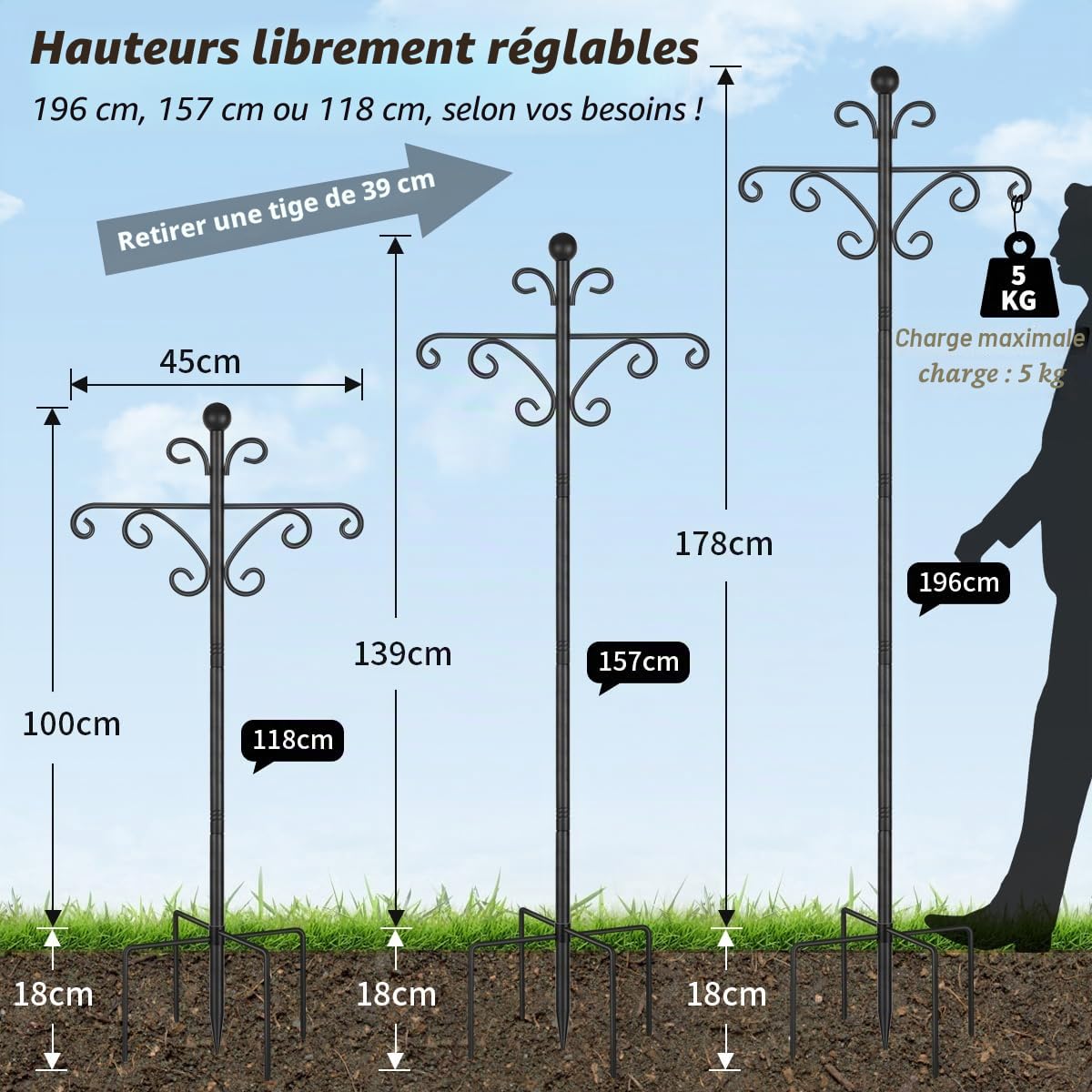 Support de suspension pour mangeoire à oiseaux 196 cm noir