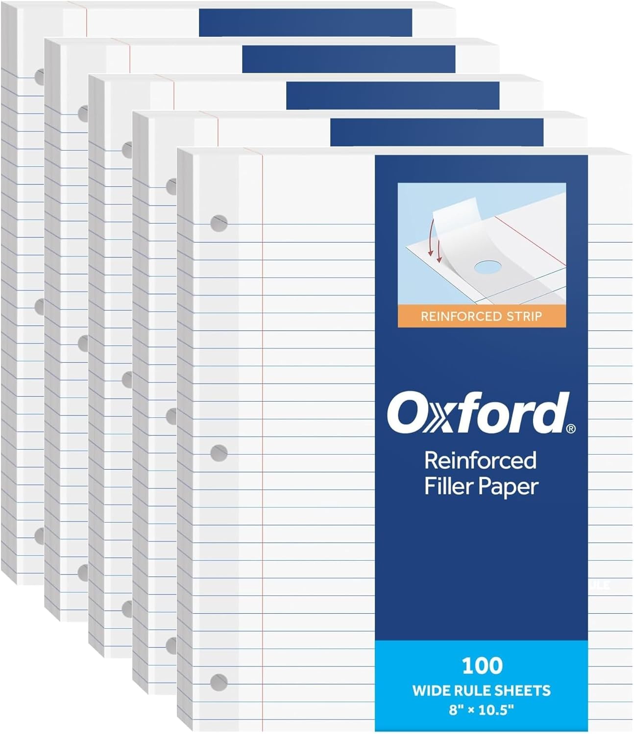 Oxford Reinforced Filler Paper, 8 x 10.5 Inch, Wide Rule, 3 Hole Punched, Lined Loose Leaf Paper for Ring Binders, 500 Sheets, White (1002098)
