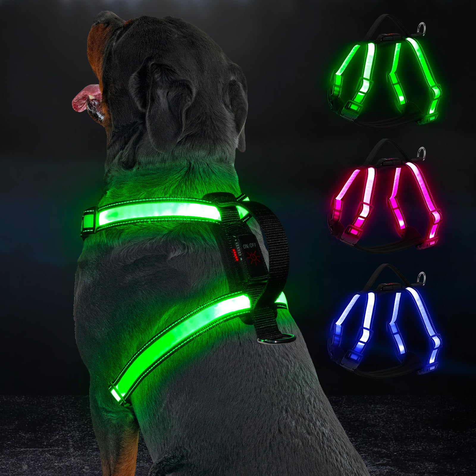 KOSKILL Light Up Dog Harness Rechargeable with Power Display, LED Dog Harness RGB 3 Light Modes & Reflective, Type-C Safety Vest for Small Medium Large Dogs for Night Walking, Camping(L)