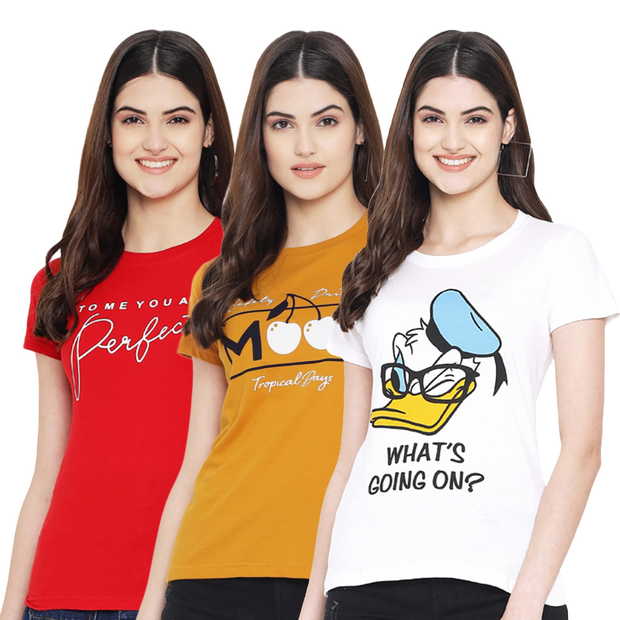 preneum Women's Cotton Regular Fit Latest Graphic Stylish Printed Short Sleeves Casual T-Shirt || Trend Styles (Pack 3), Yellow, XL-picture-19