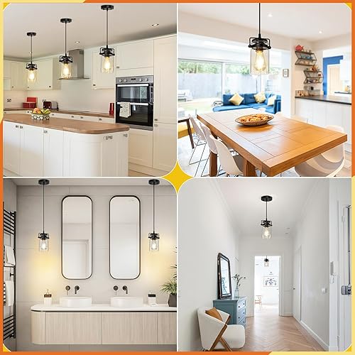 Miniatura 3 de Lámparas colgantes industriales, luces colgantes colgantes con pantalla de vidrio sembrado, paquete de 3 lámparas de techo negras ajustables para