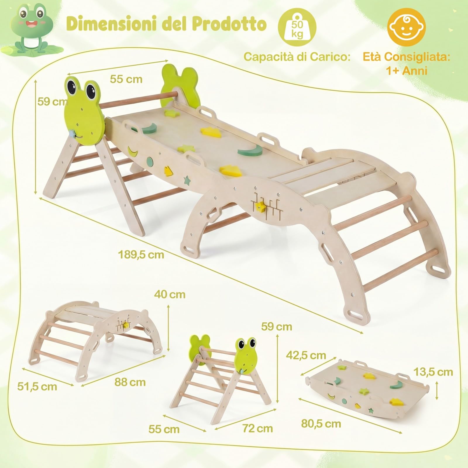 RELAX4LIFE Set da Arrampicata per Bambini, Triangolo di Arrampicata con Scivolo e Arco, Gioco di Incastri in Legno, Gioco Montessori per Bambini 1+ Anni